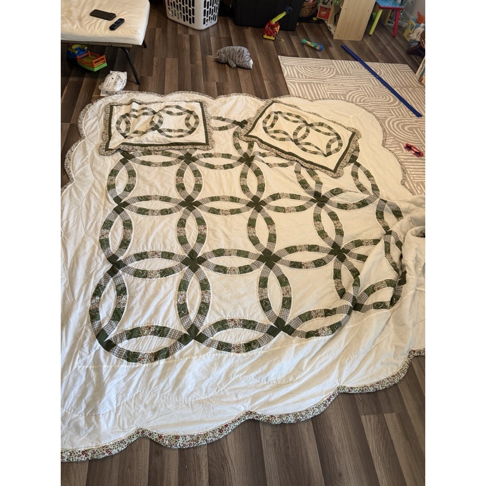 Keeco Vintage Double Wedding Ring Quilt Set Queen Green Floral Reversible 3pc